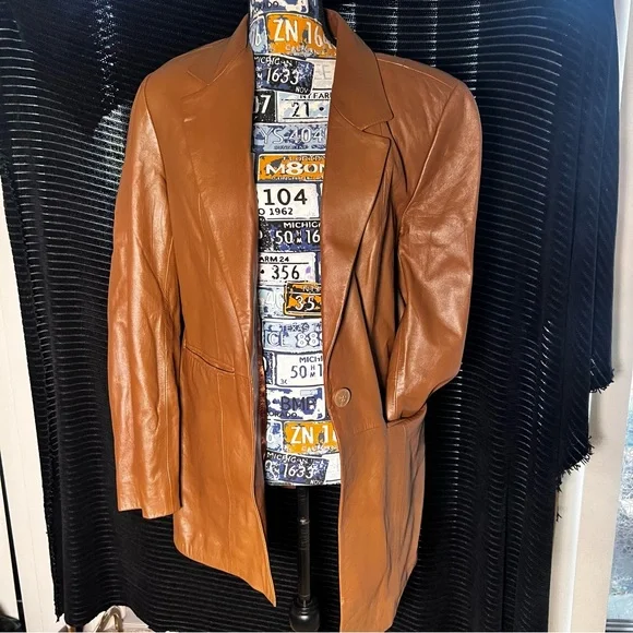 Denim&Co Genuine Leather Blazer Jacket - Medium, Caramel - Picture 2 of 8
